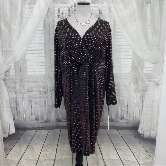 Calvin Klein Plus Metallic Dot Surplice Copper Gold Long Sleeve Sheath Dress - Picture 2 of 11